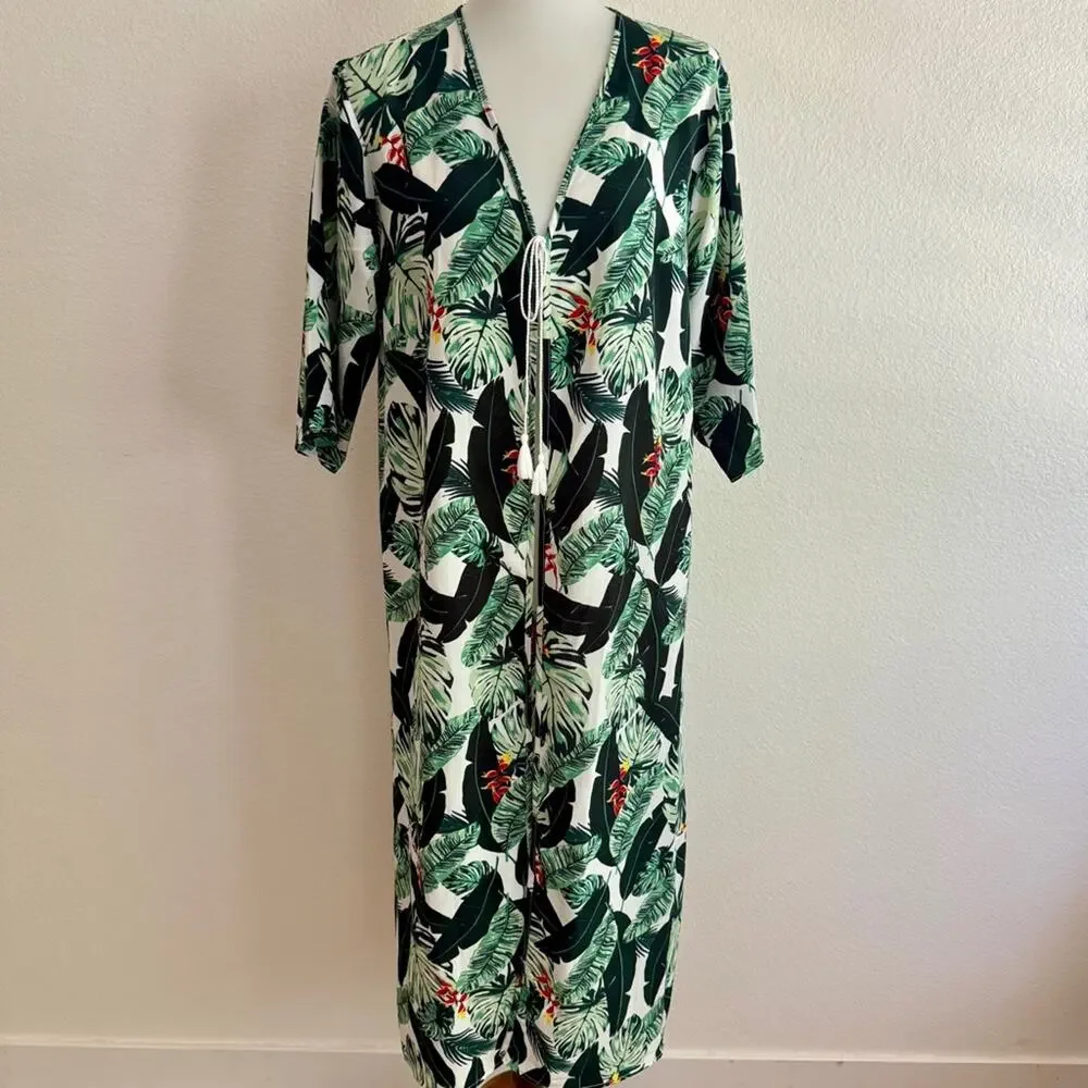 Rachel Zoe Palm Print Caftan in Green and White One Size